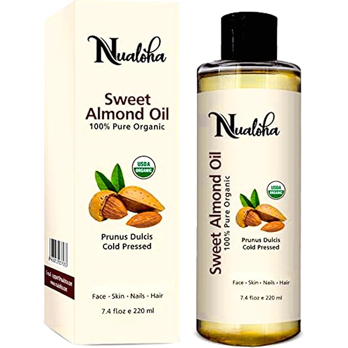 Nualoha Sweet Almond Oil Organic Certified 220 ML - 100% Pure Natural Moisturizer Oil For Skin Face Hair Care - Image 1